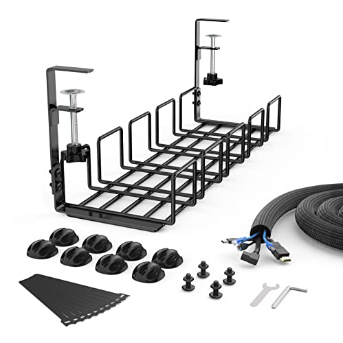 KOXXUD Kabelmanagement Schreibtisch Ohne Bohren Kit, Kabelkanal Schreibtisch Klemmbar Untertisch, Kabel Management Organizer Tray zum Verwalten von Kabeln und Steckdosenleisten (Schwarz,1PCS)