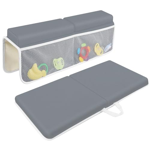 Image of JJGoo Bath Kneeler with Elbow Rest Pad Set, 1.5 inch Kneeling Pad Mat for Bathtub Baby Bathing Parents, Painless Foam Mat with Toy Organizer Pockets, Non-Slip for Baby and Toddler Bathing，Dark Grey
