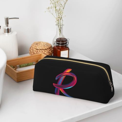 Image of Cute Initial Pencil Case for Kids Simple Leather Pencil Pouch for Boys Girls Letter Design Pencil Box Pen Bag Pencil Pouch Office Stationery Organizer, Rainbow Letter R