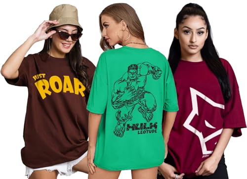 Image of LEOTUDE Women's Cotton Regular Fit Half Sleeve Oversized Tshirt, Round Neck Longline Drop Shoulder | ful Printed Combo T-Shirt (Pack Of 3)