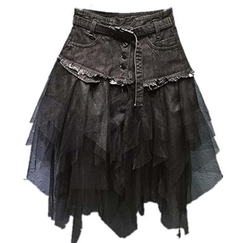 お値下げ！Machat Asymmetric Frill Skirt Women Denim Mesh Patchwork Short Skirt Asymmetric A Line