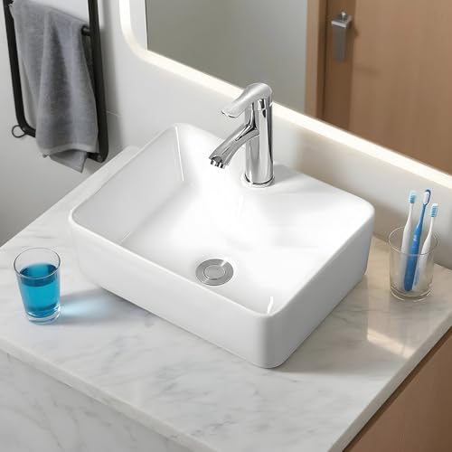 YASICA 洗面ボウル 手洗い器 洗面台 手洗器セット 手洗い場 置き型 長角型 深型 おしゃれなデザイン 排水管付き コンパクト 冷温水対応 省スペース ホワイト 40x30x13cm