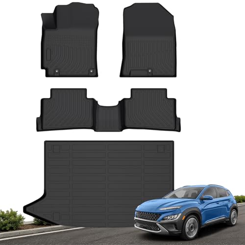 Floor Mats & Cargo Liner for 2018-2023 Hyundai Kona (No for EV) & Kona N 2022 2023 All Weather Custom Fit Car Mats Accessories High Edges Anti-Slip TPE Liners for Kona | Front & 2nd Row & Trunk Mat