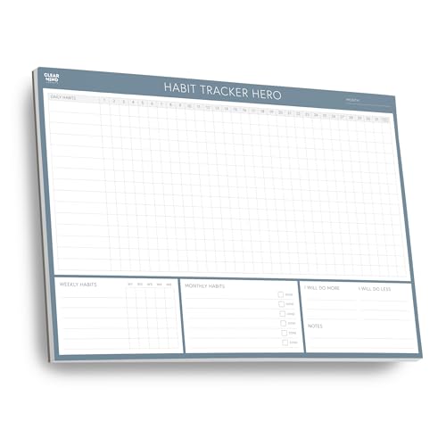 Habit Tracker Hero Desk Pad by Clear Mind Concepts 24 Monthly Undated Tear-Off Sheets - 160gsm Thick Paper - Includes Daily & Weekly Sections - A4 Size (Grey Blue A4 Landscape)