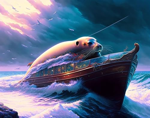 Poster phoque bateau moteur SERENDIPITP toile 58x90 cm
