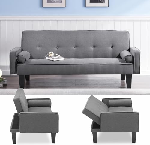 72”Futon Sofa Bed, Modern Convertible Futon Sleeper Couch and 2 Round Pillows, Sofa Beds with 3 Adjustable Backrests, Reversible Loveseat Wood Legs for Small Space Living Room Office (Dark Grey)