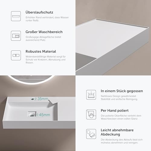 doporro Waschbecken Aufsatzwaschbecken Hängewaschbecken aus Mineralguss BTH: 60×38×12cm Waschplätze in matt Weiß inkl. Ablaufgarnitur Colossum630
