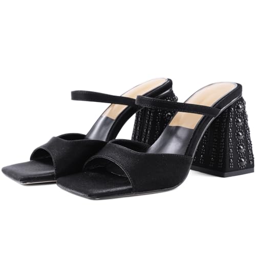 Women Chunky Heel Sandals Pearl Squared Toe Slip On Block Mid Heels Sandals For Wedding Dress Bride-4