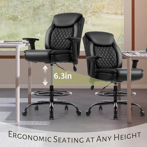 Image of Drafting Chair,Executive Tall Office Chair Flip-up Armrests for Counter Height Desk Drawing Use,High Task Chair with Adjustable Foot Ring & Inflatable Lumbar Support, Swivel Computer Stool,PU Black