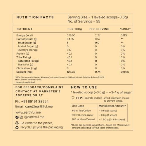 Image of Earthful MonkSweet | Erythritol-Free Monk Fruit Sweetener Powder - Natural Sugar Substitute, Zero Calorie | Gut-Friendly Diabetic & Keto Blend | Guar Fiber | Stevia Alternative | 33g
