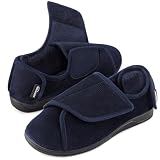HomeTop Men's Corduroy Slippers Comfy Adjustable Hook and Loop Memory Foam Wide Indoor House Shoes for Diabetic Swollen Feet Navy,12 US