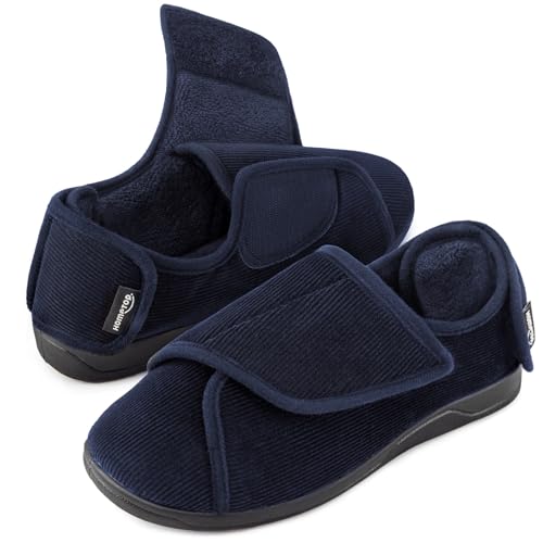 HomeTop Men's Corduroy Slippers Comfy Adjustable Hook and Loop Memory Foam Wide Indoor House Shoes