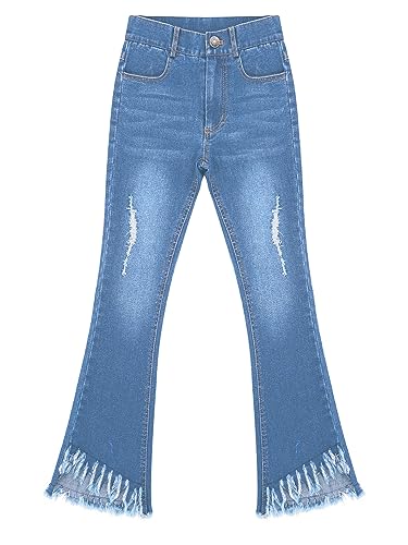Kids Girls Flare Jeans Boot Cut Bell Bottom Jeans High Waisted Skinny Tassel Hem Casual Washed Denim Pants3