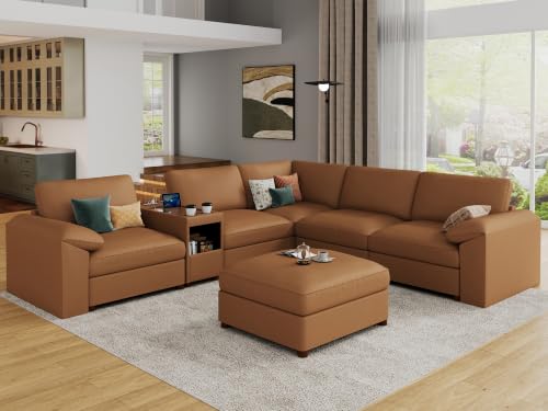 Image of EASE MOOSE Oversized Corner Modular Sectional Sofa with Ottoman, Faux Leather Sectional Sofa with Deep Seat, Scratch Resistant Faux Leather Material, Extra Large L Shaped Couch,Brown