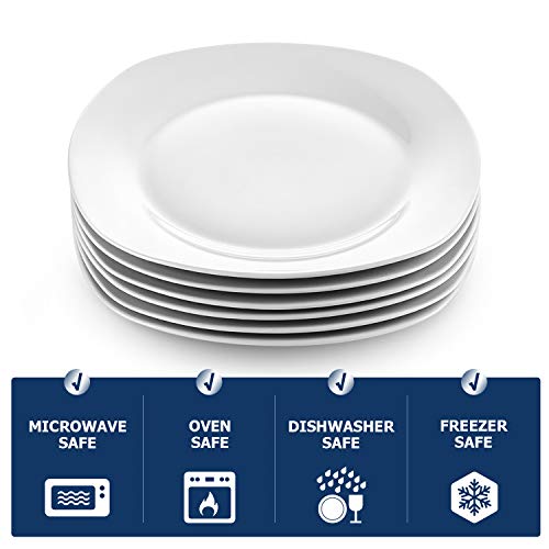 Y YHY 10.5 Inches Porcelain Dinner Plates, Square Round Serving Plate Set, Set of 6, White