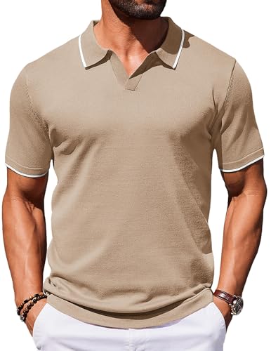 COOFANDY Mens Polo Shirts Short Sleeve Casual Knit Polo Shirt Vintage Golf T Shirts Old Money Tops Khaki