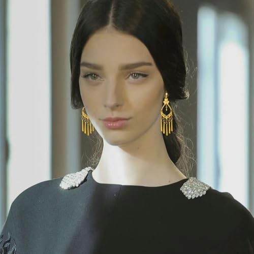 Aretes étnicos dorados con clip y borlas largas miniatura 2