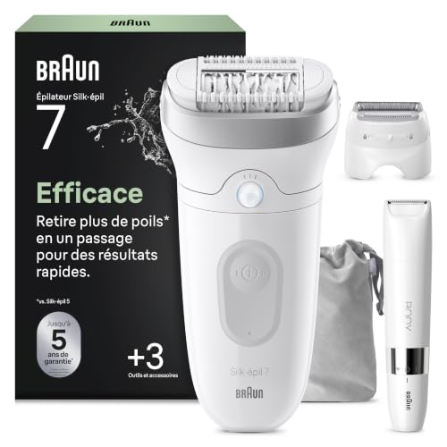 Braun Epilateur Electrique Femme Silk Epil 7 7-441, Gris et Blanc – Etanche, sans Fil, Embout Rouleau de Massage, Coffret Epilation avec mini Tondeuse Corps,...