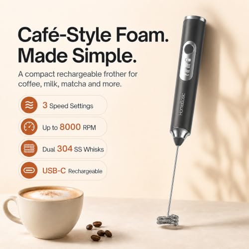 Image of HOMEBASIC Coffee Frother Electric Handheld, 3-Speed Milk Frother Rechargeable with Dual 304 SS Whisks, 8000 RPM Foam Maker for Latte, Cappuccino, Matcha, Eggs | Whisk Wave (Grey)