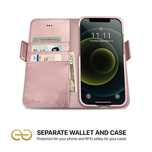 Image of dreem Fibonacci 2-in-1 Wallet Case for Apple iPhone 12 Mini - Luxury Vegan Leather, Magnetic Detachable Shockproof Phone Case, RFID Card Protection, 2-Way Flip Stand - Rose