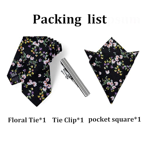 Image of YourTies Cotton Floral Tie for Men 2.5 inch Printed Skinny Necktie Pocket Square Tie Clip Set Flower Wedding Party Groom