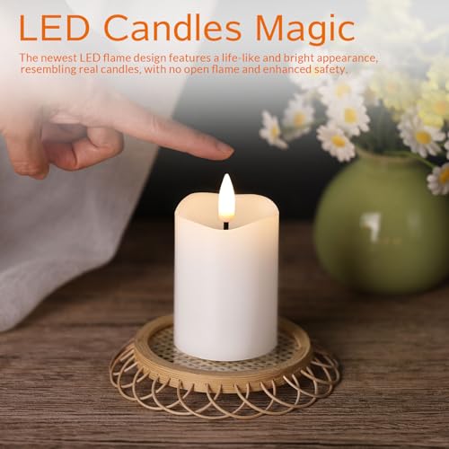 Image of White Flameless Votive Candles with Remote Batteries Set of 6 | 2x3 inch Small Flickering LED Pillar Candles, Battery Powered, Real Wax Coating, Home Table Shelf Decor