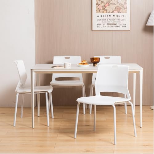 Image of White Stackable Chairs Set of 4, Modern Office Guest Chair Wide Seat, Stackable Dining Chairs, Plastic Chair for Conference Room, Living Room, Waiting Area, Classroom.