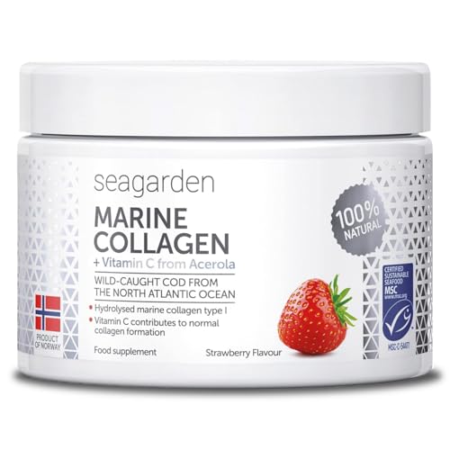 Seagarden Polvo de Colágeno Marino Tipo 1 Noruego con Vitamina C - Sabor Fresa, Hidrolizado de Bacalao Ártico Salvaje, Suplemento para Piel, Cabello, Uñas, Tendones y Músculos - 150 g