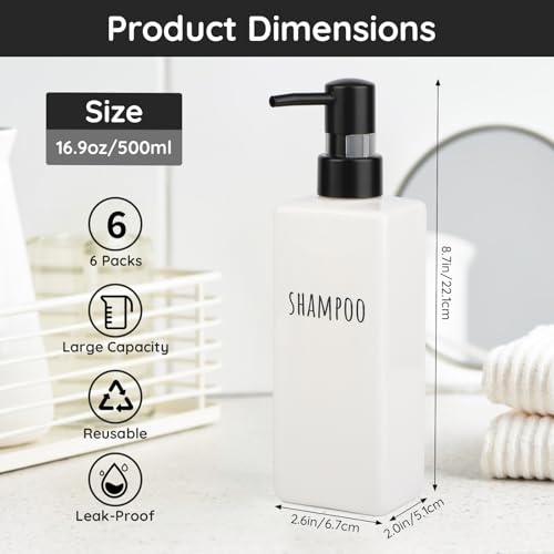 Image of Segbeauty 6 Pack Bathroom Soap Dispenser Set, 16.9oz Refillable Shampoo and Conditioner Bottles, 500ml Plastic Square Soap and Lotion Dispenser, Empty Body Shower Soap Containers for Bathroom Toilet
