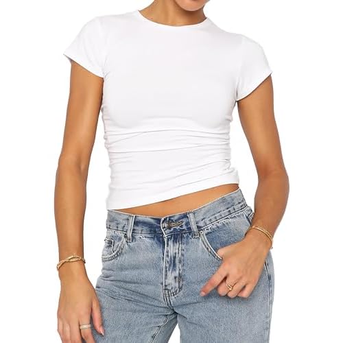 iGENJUN Womens Basic T-Shirts Scoop Neck Short Sleeve Crop Tops Cute Summer Tops Slim Fit Tees Y2k Clothing 2024