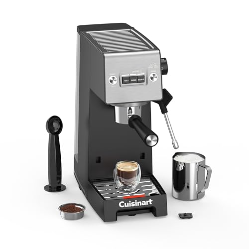 Cuisinart Slim Kaffeemaschine | Espresso, Americano, Cold Brew | Integrierter Milchaufschäumer | 15 Bar | Siebträger ohne Boden | kompakt | Reisebecher | 1,5L Tank, Edelstahl Slim