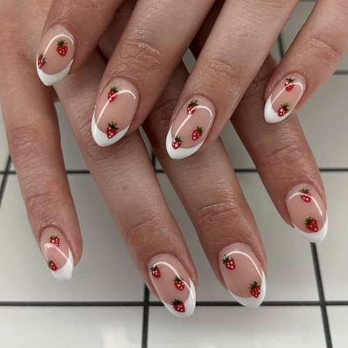 HPYFOI Strawberry Press On Nails - Short Almond, White French