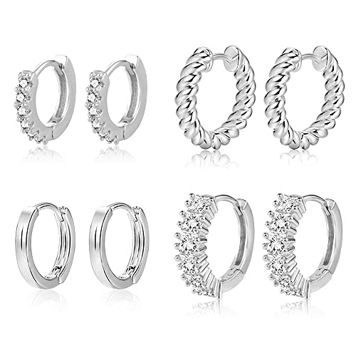 4 paires de boucles d'oreilles créoles en or blanc 14 carats pour piercing multiple, créoles en zircone cubique polies/torsadées/unilatérales hypoallergéniques petites pour femme 12 16 mm Cover