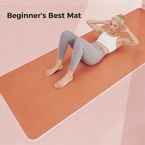 Keep 72" x 24" TPE Yoga Mat Non Slip, 1/4 Inch (6mm) Exercise Mat for Home Workout, Gym, Yoga, Pilates & Stretching with Carrying Strap, Oat White, Orange by KEEP - Used condition - Image 2