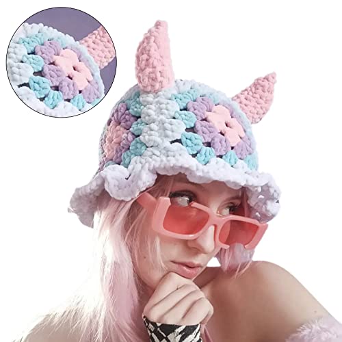 Girl Y2K-theme Party Hat Knitted Hat Balaclava-hat Thicken Fisherman Hat Horn Hat Dreamy Blue Color2