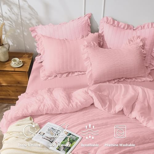 JOLLYVOGUE Pink Seersucker Queen Comforter Set, 3 Pieces Bed in a Bag Comforter Set, Lightweight & Fluffy Bedding Sets Queen for All Season with 1 Ruffle Comforter and 2 Ruffle Pillowshams