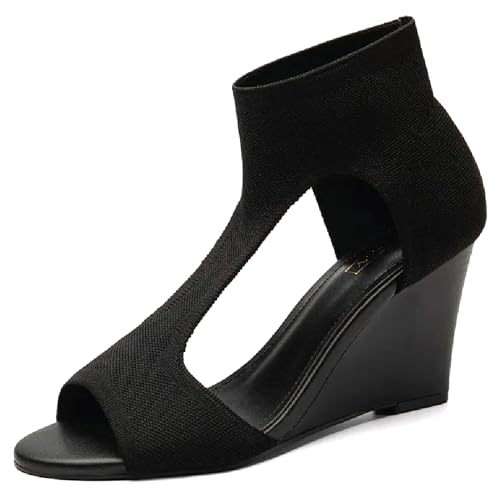 Women's Peep-Toe Wedge Sandals, Stretchy Knit Slip-On Ankle Booties, Summer Dressy Heels