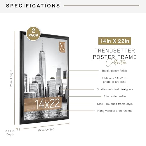 MCS Trendsetter 14x22 Poster Frame Black High-Gloss, Vertical & Horizontal Wall Hanging Large Picture Frame for Photos, Posters & Art Prints (2-Pack)