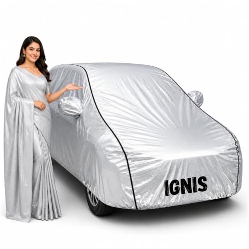 Image of Waterproof Car Body Cover for Ignis All Weather Protection Comes with Inner Cotton Lining & Triple Stitched with Mirror & Antenna Pocket Belt & Elastic Fit Metallic Silver with Black Piping1