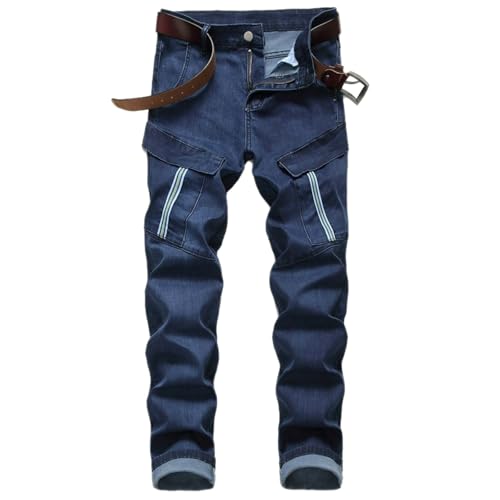 Jeans Pants Trouser Denim Multi Pocket Trendy Street Retro Blue Stretch Slim Fit Casual Commuter Straight Leg for Men
