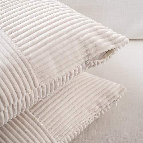 Image of Fancy Homi Set of 2 Cream Boho Long Lumbar Body Decorative Throw Pillow Cover 14x36 Inch for Bed Couch Bedroom Bench, Soft Patchwork Corduroy Textured Pillow Case, Rustic Farmhouse Room Decor