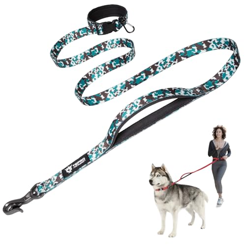 TSPRO Hands Free Dog Leash Adjustable Walking Running Dog Leash with Control Safety Padded Handle and Heavy Duty Clasp for Small Medium Large Dogs(Camo Cyan)