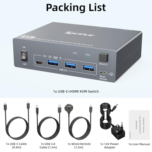 MLEEDA KVM Switch 2 Monitores para 1 Portátile y 1 Escritorio 4K@60Hz,USB C HDMI Switch KVM,Conmutador KVM con 4 Puertos USB 3.0, PD de 80W, Incluido Remoto por Cable,Cable USB C y Adaptadores de 12V - imagen 9