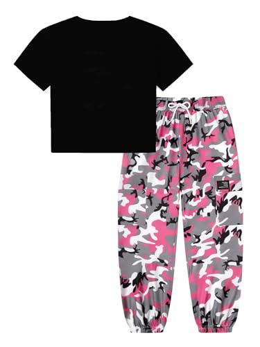 Image of Betusline Girls 2 Piece Set, Black Cute Short Sleeve Crop Tops + Pink Grey Camo Cargo Jogger Pants Clothes, 4-5T = Tag 120