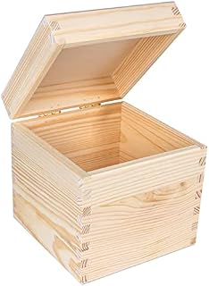 Creative Deco Square Wooden Storage Box Cube | 16 x 16 x 16 cm | with Hinged Lid & without Handles | Plain Unpainted & Unfinished Gift Box | Craft Office Jewellery Box Keepsake Trinket Chest Treasure