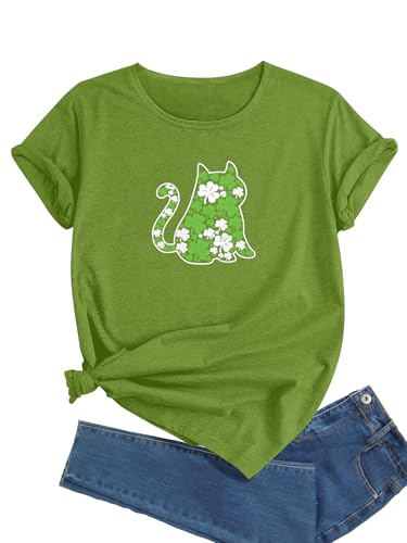 Walsilk St Patricks Day T-Shirts Women Funny Graphic Irish 4 Leaf Clover Tops Tee(CAT-L)