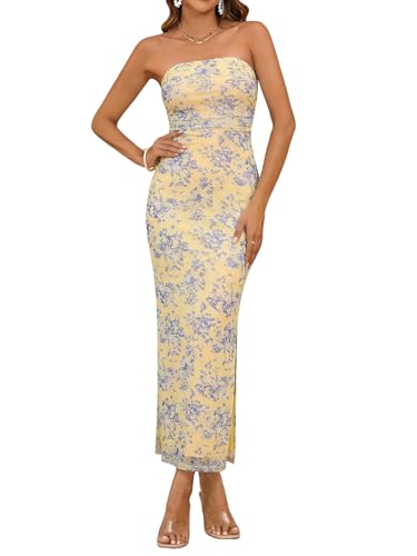 Image of Milumia Women's 2026 Summer Floral Bodycon Maxi Dress Strapless Tube Top Long Dresses Wedding Guest Party