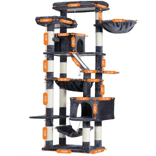 Image of Heybly Cat Tree, 71-Inch-Tall Tower for Indoor Cats with 2 Perches HCT034G | Large Cat Furniture with 2 Big Condos, 2 Hammocks, Basket, Scratching Pad, Multi-Level Cat Condo, Smoky Gray