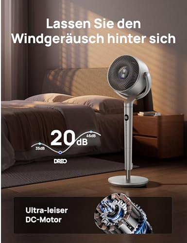 DREO Smart Standventilator mit RGB Light, 120° +120° Oszillierender Ventilator mit Fernbedienung, 20dB Leiser Bodenventilator für Schlafzimmer, 8H Timer, Silber 5