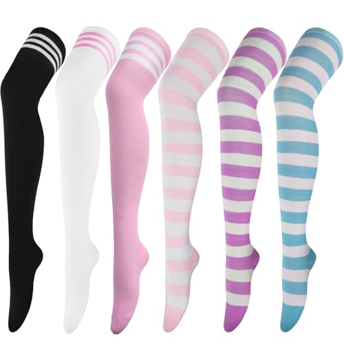 Image of AQOKKA Extra Long Thigh High Socks for Women Striped Over Knee Thigh Socks Long Boot Thigh High Stockings Leg Warmers